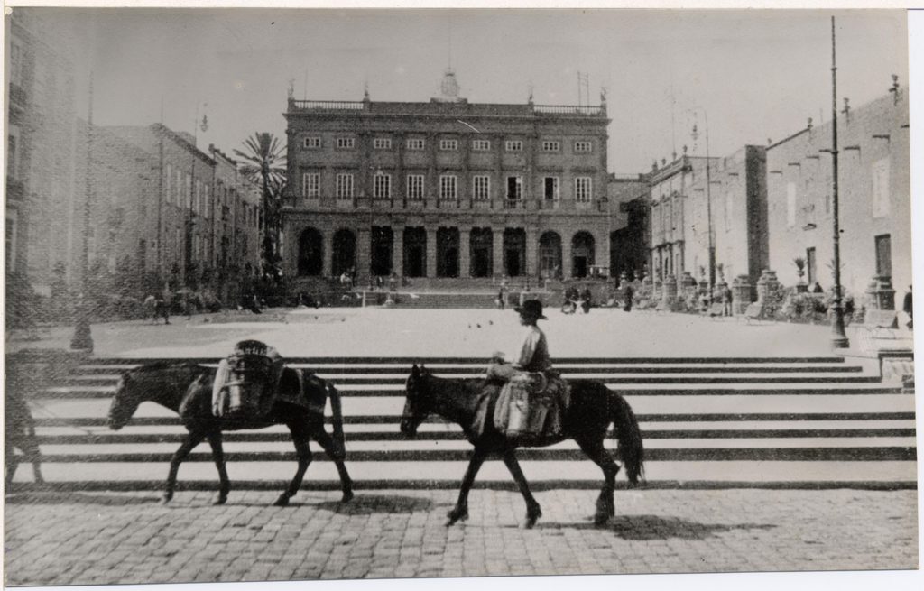Plaza de Santa Ana, Ayuntamiento y Burros.
Fotografía N.º: 000054. Fotógrafo: Desconocido. Colección: José A. Pérez Cruz. Año: 1909.
[Fuente: Archivo de fotografía histórica de Canarias, FEDAC].